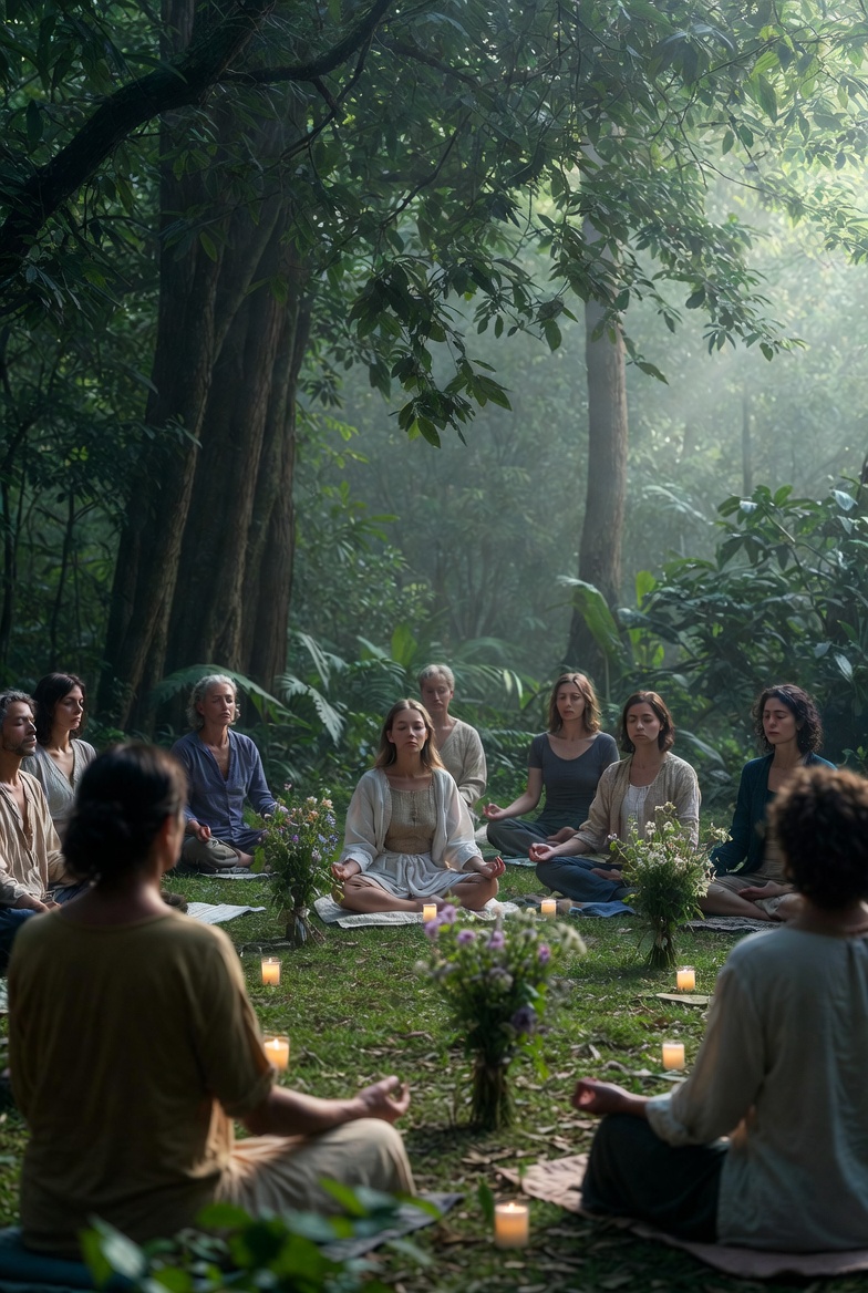 Warm collage-style evening scene with moonlight and reading corner